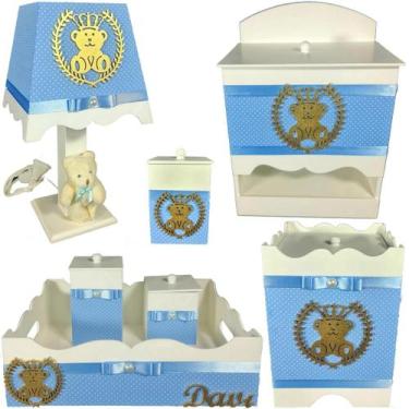 Imagem de Kit Higiene bebê Mdf menino 7 pçs - AZUL BB COM BOLINHAS DE URSINHO - 