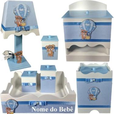 Imagem de Kit de Higiene de bebê Mdf quarto menino 7 pçs - Urso balao branca e a