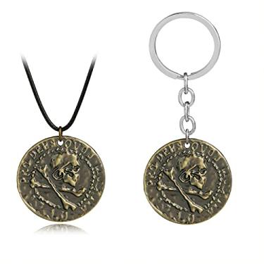 Imagem de Fuvirou Uncharted 4 Drake Jewelry Gravado Crânio Bronze Moeda Colar Pingente Colar Anel Pingente Colar Corrente de Couro Marrom Masculino, Couro, np