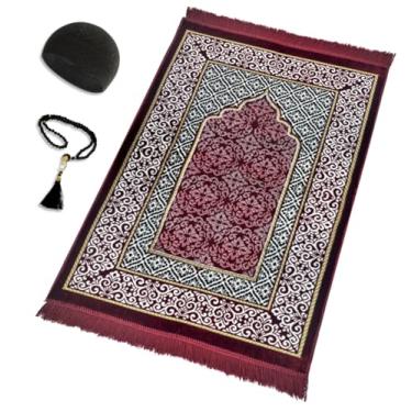 Imagem de Conjunto de tapete de oração islâmica de veludo (tapete de oração grosso - 99 contas de oração Tasbih - chapéu Kufi de algodão preto) Presente Eid e Ramadã para muçulmanos (vermelho)