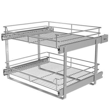 Imagem de JOWBOOW Prateleiras de armário de 2 camadas (51 cm L x 56 cm D), prateleiras deslizantes para armários de cozinha, organizador de panelas e frigideiras de metal para embaixo do armário