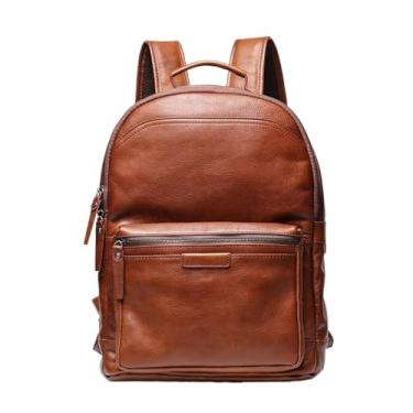 Imagem de Mochila masculina de couro genuíno para viagem ao ar livre de negócios mochila de grande capacidade multifuncional moda para homens(Brown)
