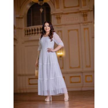 Imagem de Vestido Longo Tule Festa Casamento Decote Quadrado com Manga 3/4 - Fas