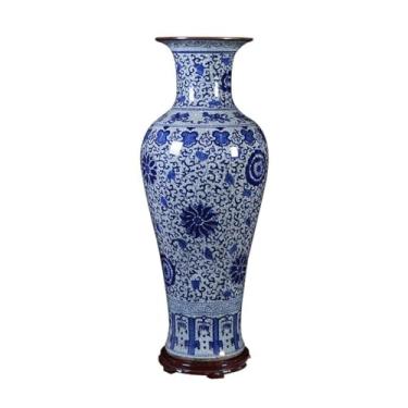 Imagem de Vaso Vaso de chão de cerâmica retrô Vaso de porcelana azul e branco antigo Sala de estar Arranjo de flores Decoração de gabinete de TV chinesa Vaso de flores