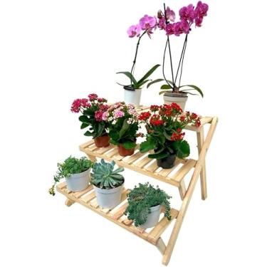 Imagem de Floreira para plantas Estante Floreira 3 Andares Dobrável de Madeira Pinus, escada 3 prateleiras