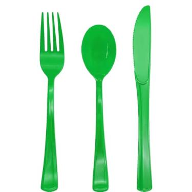 Imagem de Pacote com 150 talheres de plástico verde, utensílios verdes, conjunto de talheres de plástico descartáveis inclui 50 garfos, 50 facas, 50 colheres para o dia de São Patrício, aniversário, festa de