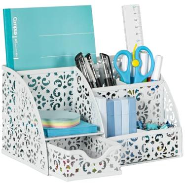 Imagem de EasyPAG Porta-canetas, organizador de mesa com gaveta, copo para mesa, 6 compartimentos, armazenamento de metal para escritório, com suporte de notas adesivas para escola, casa, escritório, branco
