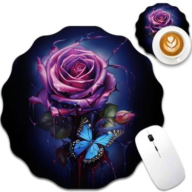 Imagem de Mouse pad rosa roxo e borboleta azul, mousepad para jogos em forma de renda, mini mousepad antiderrapante, adequado para casa, decoração de escritório, acessórios de mesa, 19 x 19 cm