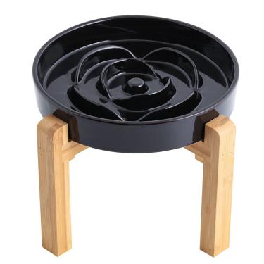 Imagem de Alimentador lento de cerâmica Dog Bowl Addogyy com suporte de madeira preto