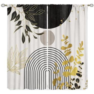 Imagem de Cortinas de folha boho pretas e brancas de meados do século, folhas abstratas, palmeira tropical, moderna, minimalista, geométrica, tratamentos de janela para quarto, sala de estar, cozinha, café