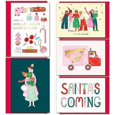 Imagem de Gooji Pacote com 10 cartões de Feliz Natal com envelopes vermelhos, saudações coloridas da estação com feriado divertido, Papai Noel, temas alegres, estampagem de folha de ouro real, cartolina premium