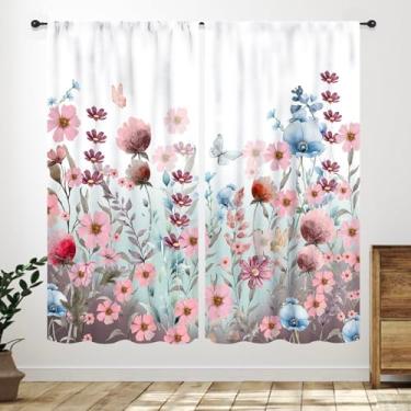 Imagem de Cortina de janela floral, flores coloridas primavera meninas mulheres boho rosa azul planta botânica quarto sala de estar cozinha janela cortinas tratamento 2 painéis, 132 x 213 centímetros