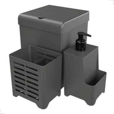 Imagem de Kit Cozinha Pia 3 Peças Lixeira Escorredor De Talheres Dispenser De Detergente Luxo Compacto (Cinza)