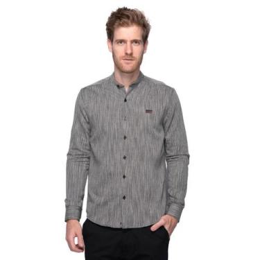 Imagem de Camisa Social Masculina Manga Longa Gola Padre Algodão Preto/Cinza M -
