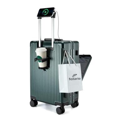 Imagem de Mala de viagem feilario expansível, de alumínio, roda giratória, moldura de alumínio, com cadeado com TSA embutido, com porta-copos e suporte de telefone – Tamanhos de 50,8 cm/61 cm, A - verde-escuro