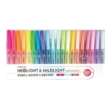 Imagem de LINEPLUS Canetas pastel/neon Neolight Mildlight Pincel Ponta de cinzel ([Pastel/Neon] Neo/Suave conjunto de 20 cores)