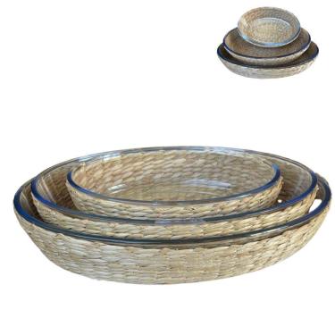 Imagem de  Assadeira e Travessa Refratárias Vidro 3un 4lt.,3lt.,1,6litro com Suporte de Rattan 