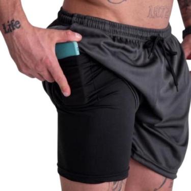 Imagem de Bermuda 2 em 1 Masculina Academia Dryfit com Bolso e Suporte para Cami
