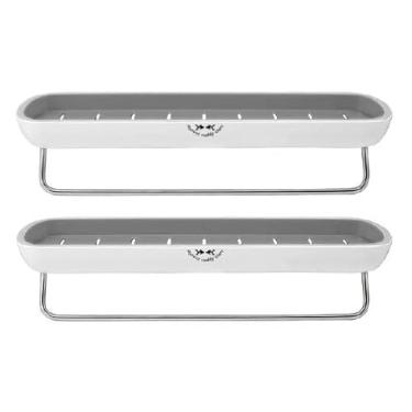 Imagem de Organizador de chuveiro (2) - montado na parede - com barra de toalha - autoadesivo extra forte - sem perfuração - fácil drenagem - elegante e economiza espaço - à prova de ferrugem (branco/cinza)