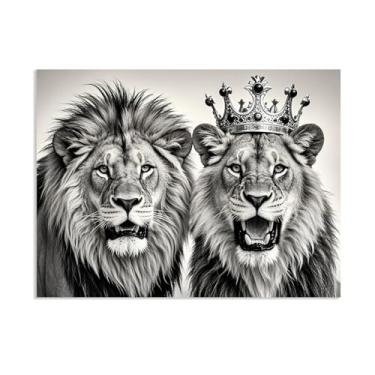 Imagem de Leão e Leoa Rei Rainha Sala de Estar Arte de Parede Preto e Branco Casal Africano Animal Impressão em Tela 90 x 70 cm (36 x 28 pol) Sem Moldura