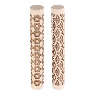 Imagem de HARFINGTON 2 peças de rolo de argila de madeira 10 cm padrão de flor ondulado de água ferramentas de cerâmica rolos de textura de grão de madeira para argila massa de assar massa de brinquedo DIY