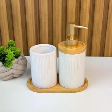 Imagem de Kit Banheiro Lavabo Porta Sabonete liquido Dispenser e Porta Escova de Dente Cerâmica para Decoração (BRANCO BAMBU DETALHE V)