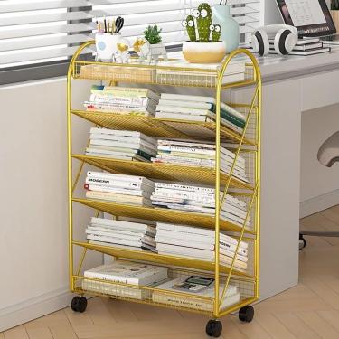 Imagem de Carrinho de biblioteca de rolagem de prateleira de metal de 6 camadas, prateleiras inclinadas em forma de V com rodas trancadas para o caminhão de livros da biblioteca de escritórios em casa