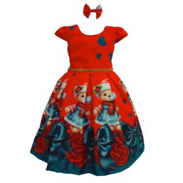 Imagem de Vestido Juvenil Infantil Menina Casual Estampado Urso E Flores - Lele 