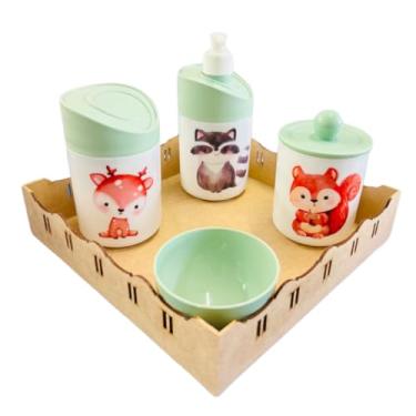Imagem de Kit Higiene Bebê Floresta Encantada c/bandeja MDF - Menino e Menina (Quadrada Crua/Verde)