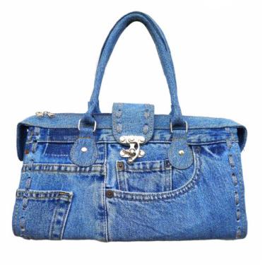 Imagem de Bijoux de Ja Upcycling Calça jeans azul grande capacidade estilo médico faixa costurada à mão alça superior bolsa de mão bolsa de mão estruturada para mulheres, Jeans azul