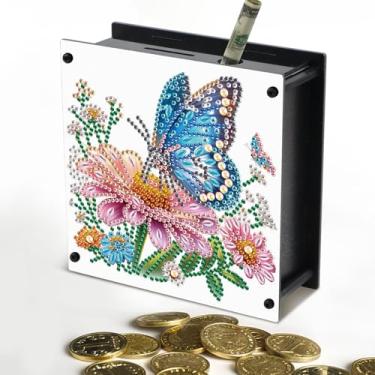 Imagem de Cofrinho com pintura de diamante para adultos, cofrinho de acrílico DIY com borboleta e flores azuis coloridas, pote decorativo de arte de diamante para casa e presente