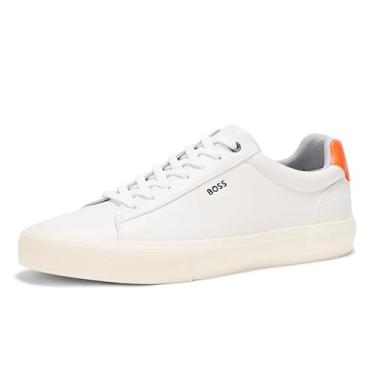 Imagem de BOSS Tênis masculino Aiden Logo Block de couro cano baixo, Peixe-gato preto, 42