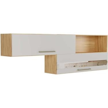 Imagem de Armário Aéreo Cozinha Modulado Carménère c/ 2 Portas Basculante (1 c/ Vidro) e Nicho 200cm Amendoa/Off White - Ronipa