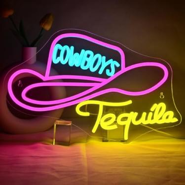 Imagem de JURONG COWBOYS & Tequila Sinais neon para decoração de parede, luz de néon LED regulável, sinal de iluminação alimentada por USB, vibrações de bar ocidentais em rosa, azul e amarelo, decoração de