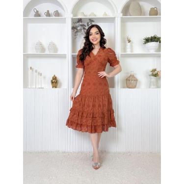 Imagem de Vestido Midi De Lese Feminino 100% Algodão Decote V Manga Curta Bufant