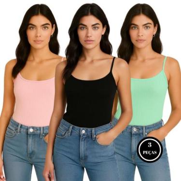 Imagem de Kit 3 Camiseta Canelada Blusa Alcinha Regata - c8 KIT 3 KISSILA PRETO 