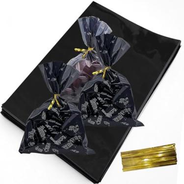 Imagem de KUNYYI Sacos de guloseimas de celofane preto - 100 peças sacos de violoncelo resseláveis 15 x 23 cm sacos de doces para festas, feriados, lanches, presentes de festa