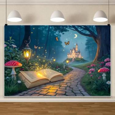 Imagem de Laeacco 2,1 x 1,5 m Enchanted Forest Wonderland Backdrop Livros de contos de fadas Once Upon A Time Magic Cogumelo Fotografia Fundo Princesa Castelo Meninas Aniversário Chá de Bebê Decoração de Festa