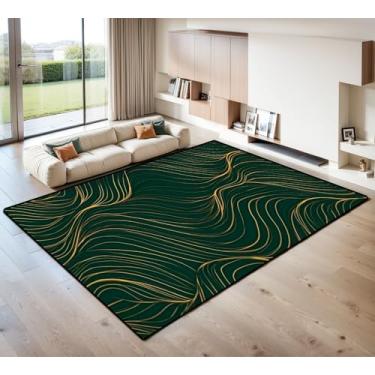 Imagem de Tapete de área luxuoso, esmeralda, dourada, abstrato, linha dourada, textura, verde, esmeralda, lavável, 2,7 x 3,7 m, antiderrapante, tapetes macios para quarto, cozinha, sala de estar, decoração de