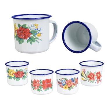 Imagem de kit 6 Canecas Esmaltada 350 ml DECORADA Retro canecas de café esmaltadas para acampamento de metal pequenas clássicas portáteis brancas para fogueira copos vintage com alça para café