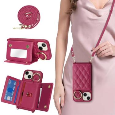 Imagem de DEYHU Capa de telefone para iPhone 13 com suporte de cartão e alça para mulheres, bolsa transversal com suporte de anel, maquiagem espelhada, carteira para bolsa Apple13 - Rosa vermelha