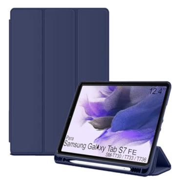 Imagem de Capa Tablet flip para Samsung Galaxy Tab S7 FE SM-T736 SM-T733 SM-T730 12.4 polegadas Smart pen resistente aveludada compatimento caneta Case capinha Anti Impacto Suporte Pencil - Alamo (azul)