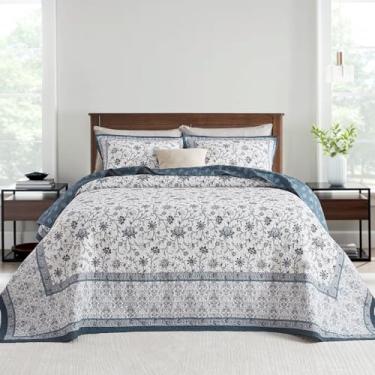 Imagem de FineStichery Colchas Queen extragrandes 304.8 cm x 259.1 cm - 100% algodão Super King, estampa floral azul fazenda, cobertor acolchoado extragrande, conjunto de cama GG reversível leve, 3 peças