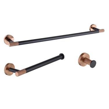 Imagem de Conjunto de banheiro preto e ouro rosa - Suporte para papel higiênico e toalheiro de aço inoxidável 304 - Kit de montagem em parede, conjunto completo 08