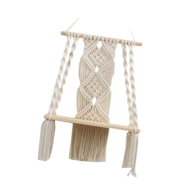 Imagem de Prateleira suspensa de parede de macramê Prateleiras flutuantes de madeira decoração de arte tecida com borla 30 x 50 cm