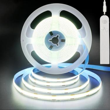 Imagem de Clearhill Fita de luzes LED COB de 5V com sensor de movimento PIR, ajuste de tempo de atraso, duas formas de fonte de alimentação, alimentado por bateria (sem bateria), 9,84FT/3M, branco frio 6500K
