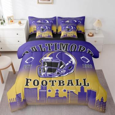 Imagem de Erosebridal Jogo de cama infantil solteiro de futebol americano, 7 peças, para meninos e meninas, rúgbi esportivo, azul marinho, conjunto de cama com lençol com silhueta de cidade chique (Baltimore)