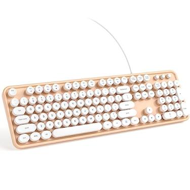 Imagem de KNOWSQT Teclado de computador com fio – teclas redondas retrô laranja-branco tamanho completo máquina de escrever lindos teclados para Windows, laptop, PC, desktop, computador