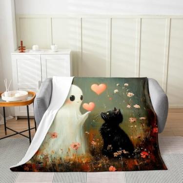 Imagem de Cobertor de flanela fofo fantasma para crianças, cobertor de lã kawaii de gato preto fantasma de Halloween para sofá de quarto, corações de amor rosa romântico floral tinta a óleo, cobertor de cama