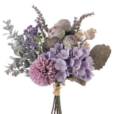 Imagem de Peauley Flores artificiais pequenas de 33 cm para arranjos de mesa, buquês artificiais de seda com três rosas assadas, hortênsias, flor global, babysbreaths, ideal para a cozinha ou quarto.